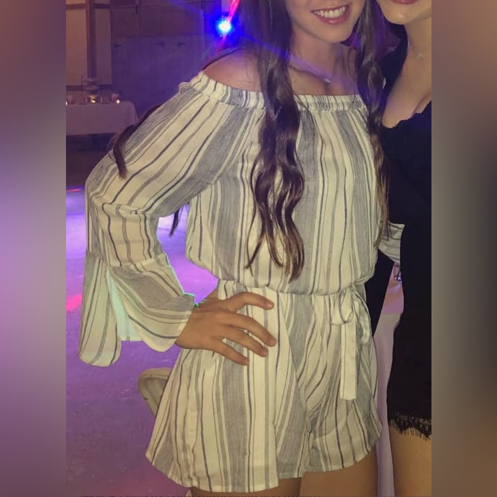 En Creme Striped Off-Shoulder Romper